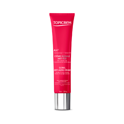 Tubo vermelho de creme anti-idade TOPICREM com tampa prata