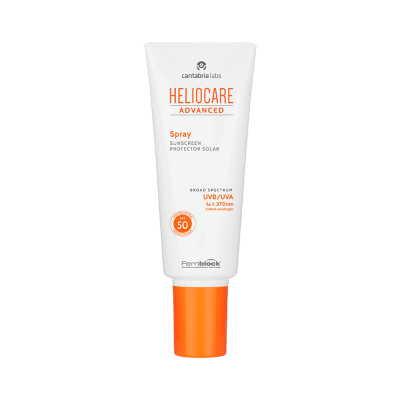 Frasco branco e laranja de creme solar Heliocare Advanced Spray FPS 50