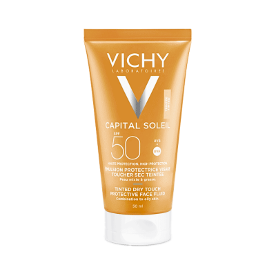 Embalagem de creme solar Vichy Capital Soleil SPF 50 cor bronze com tampa branca