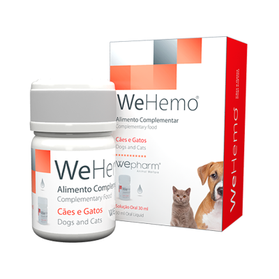 Suplemento alimentar WeHemo para cães e gatos em embalagem branca e vermelha com imagens de um cão e um gato.