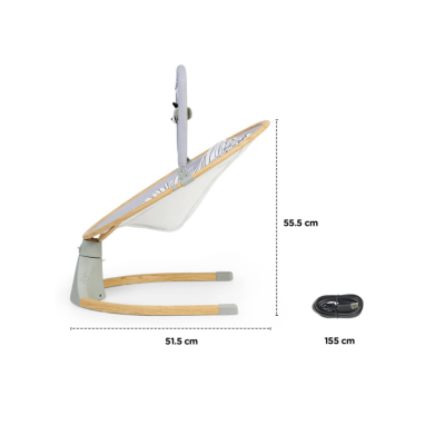 Cadeirão ou baloiço para bebés com estrutura de madeira e tecido branco com padrão cinzento
