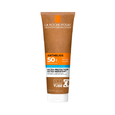 Frasco de loção hidratante solar SPF 50+ da La Roche-Posay em tubo castanho e branco