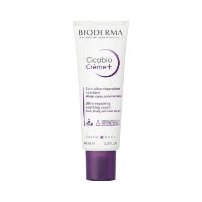 Tubo de creme Bioderma Cicabio Crème+ branco e roxo com texto e tampa roxa
