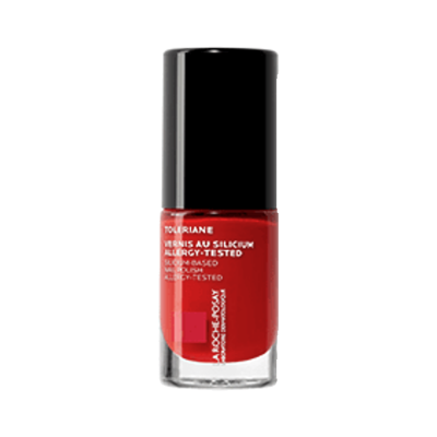 Frasco de verniz de unhas vermelho com tampa preta e texto branco no rótulo