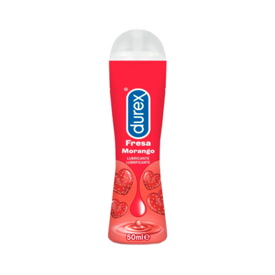 Frasco vermelho de lubrificante Durex Fresa Morango 50ml com tampa transparente