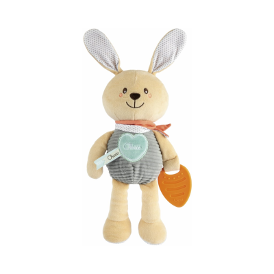 Pelúcia coelho bege e cinzento com mordedor laranja e etiqueta Chicco