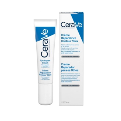 Creme reparador para contorno dos olhos CeraVe com embalagem de tubo e caixa branca e azul