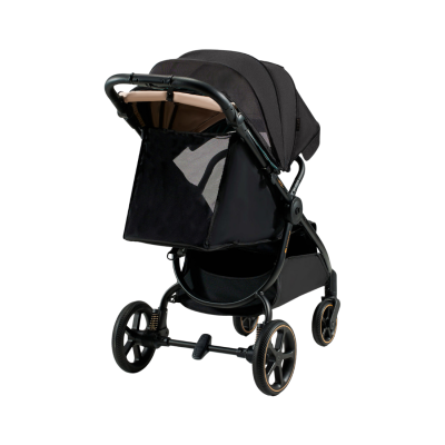 Carrinho de bebé preto com rodas e estrutura detalhadas