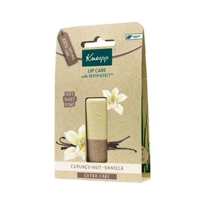 Bálsamo labial Kneipp Cupuaçu-Nut & Vanilla em embalagem reciclável bege com texto e flores de baunilha