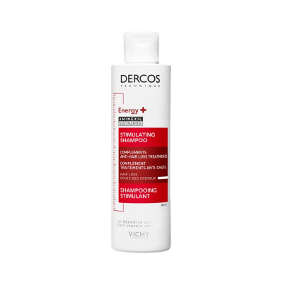 Frasco branco de champô estimulante Dercos Technique Energy+