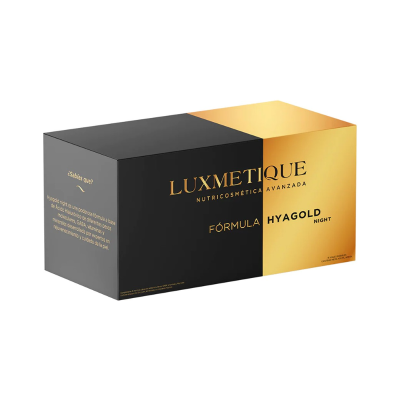 Caixa de produto cosmético Luxmetique em preto e dourado com texto na embalagem