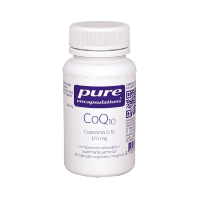 Frasco branco de suplemento CoQ10 da Pure Encapsulations com rótulo lilás