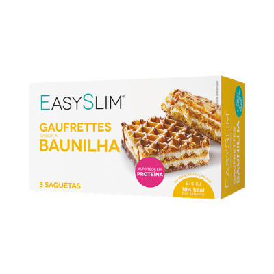 Embalagem de bolachas wafers EASYSLIM sabor baunilha com texto nutricional e imagem do produto