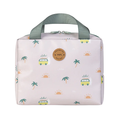 Mala pequena rosa claro com padrão tropical e alças verdes