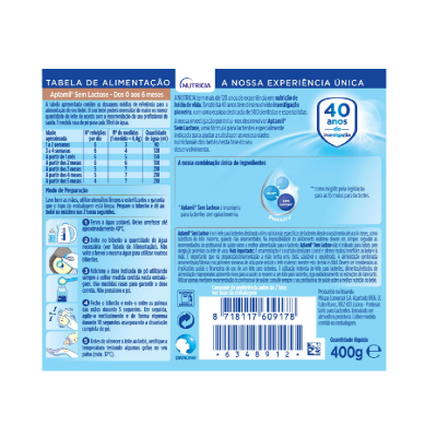 Rótulo de embalagem de leite infantil Aptamil Sem Lactose azul e branco