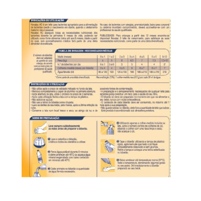 Instruções de utilização e preparação de leite para lactentes Novalac AC com tabelas e passo a passo.