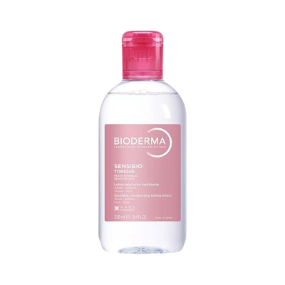 Frasco plástico com tampa rosa e rótulo rosa Bioderma Sensibio Tonique