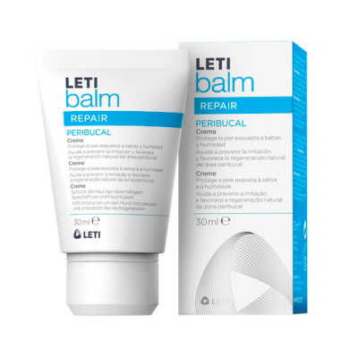 Creme LETI balm REPAIR PERIBUCAL em tubo e caixa brancos com detalhes azuis