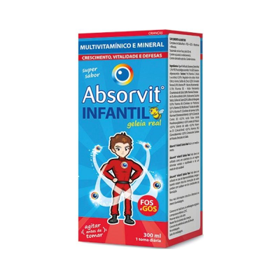 Caixa de xarope multivitamínico e mineral Absorvit Infantil com ilustração de criança super-herói