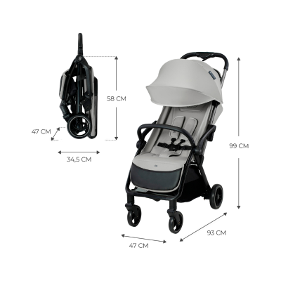 Carrinho de bebé cinza claro com rodas, capota e estrutura preta, apresentado aberto e dobrado com medidas