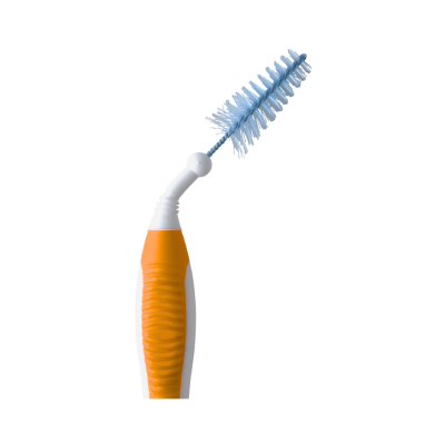 Escova de dentes interdental com cabo branco e laranja e cerdas azuis