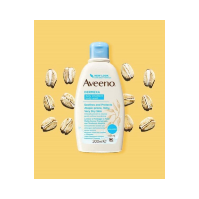 Frasco branco de gel de banho Aveeno Dermexa com flocos de aveia secos em fundo amarelo