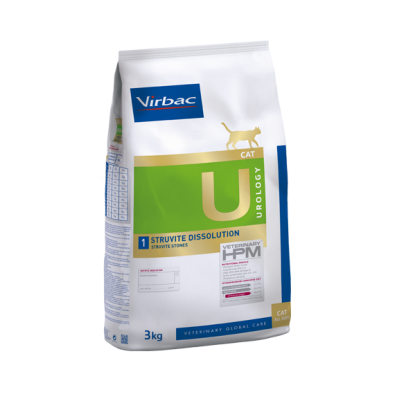 Saco branco de ração Virbac Urology para gatos, 3 kg, com verde, azul e texto