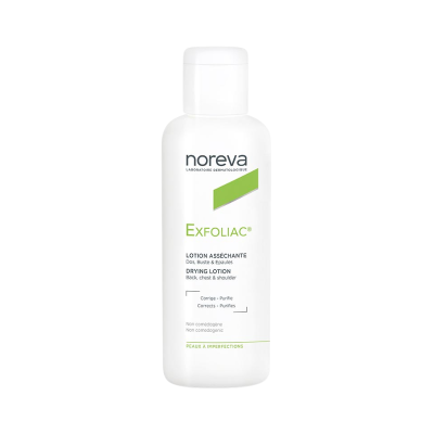 Frasco branco de loção Noreva Exfoliac com texto em preto e verde