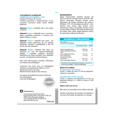 Rótulo de suplemento alimentar Advancis Easylax Infantil com ingredientes e instruções.