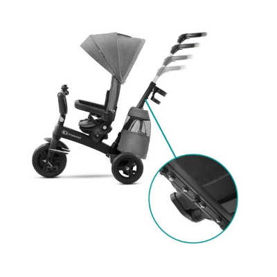 Triciclo infantil preto com toldo cinza e cesto lateral