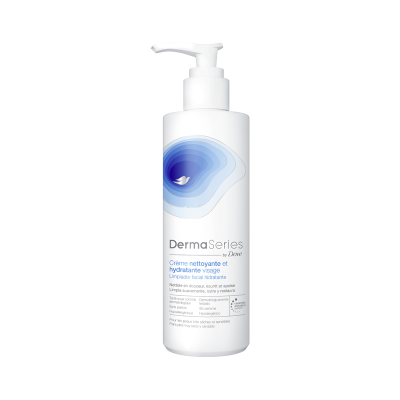 Frasco branco de creme hidratante facial da linha DermaSeries da Dove com rótulo azul