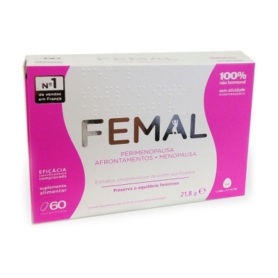Embalagem de suplemento FEMAL para menopausa, branco e rosa