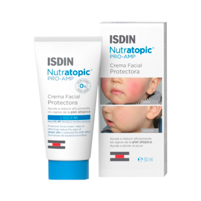 Embalagem e tubo de creme facial protetor ISDIN Nutratopic PRO-AMP com imagem de criança e texto
