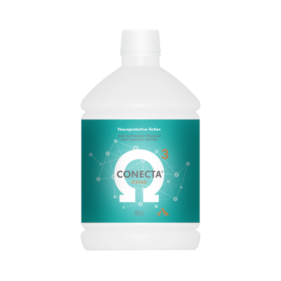 Frasco branco com rótulo verde azul contendo texto e ícones de cão e gato