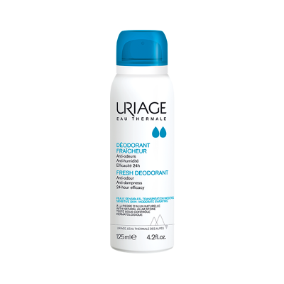 Frasco de desodorizante spray Uriage com tampa azul e rótulo branco e azul.