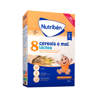 Caixa de cereais lácteos Nutriben 8 cereais e mel com bebé sorridente