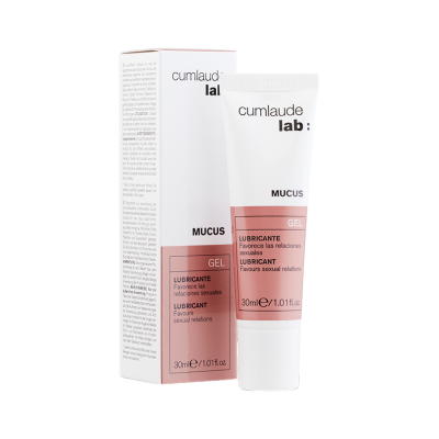Gel lubrificante Cumlaude lab MUCUS em tubo branco e caixa com texto