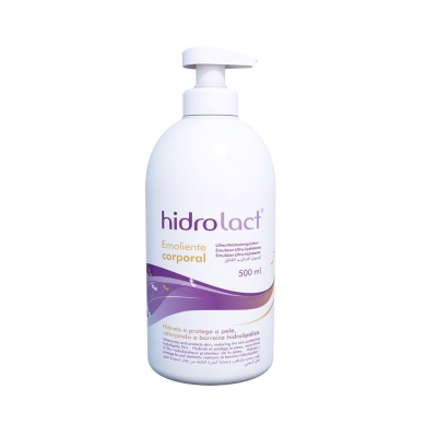 Frasco branco de emoliente corporal Hidrolact 500 ml com doseador