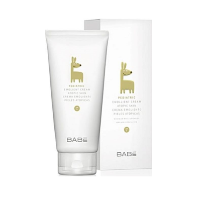 Creme emoliente pediátrico para pele atópica em tubo branco com imagem de animal amarelo e caixa correspondente