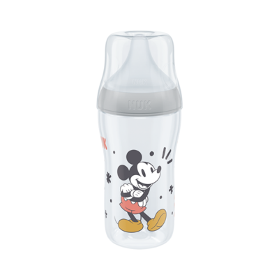 Biberão transparente com decoração do Mickey Mouse e tampa cinzenta