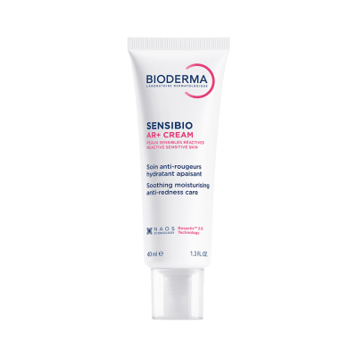 Tubo branco de creme Bioderma Sensibio AR+ Cream com texto em azul e rosa, tampa transparente