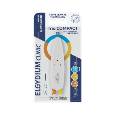 Escova interdental Elgydium Trio Compact com cabo branco e três pontas coloridas