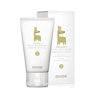 Hidratante facial pediátrico BABE com FPS 15, embalagem branca com desenho de animal amarelo