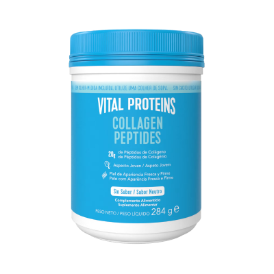 Frasco de suplemento alimentar Vital Proteins Collagen Peptides com tampa azul.