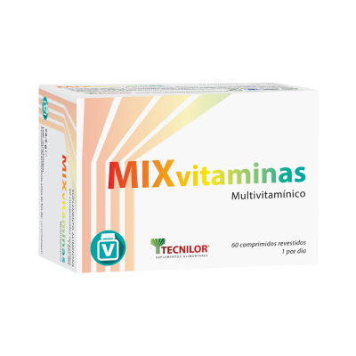Embalagem branca de multivitaminas MIXvitaminas com texto colorido e logótipo TECNILOR.