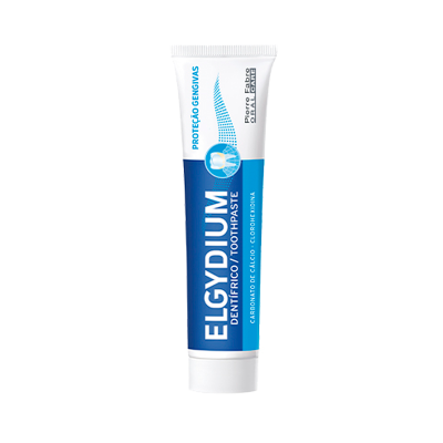 Tubo de pasta de dentes Elgydium azul e branco