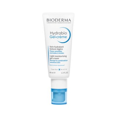 Frasco branco de gel-creme Bioderma Hydrabio com tampa azul