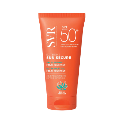 Frasco de creme solar SPF 50+ SVR em frasco alaranjado.