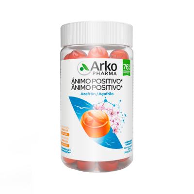 Frasco com cápsulas alaranjadas e rótulo branco da Arko Pharma Ánimo Positivo