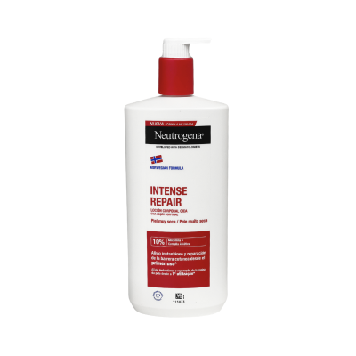 Frasco branco de Neutrogena Intense Repair com pump vermelho
